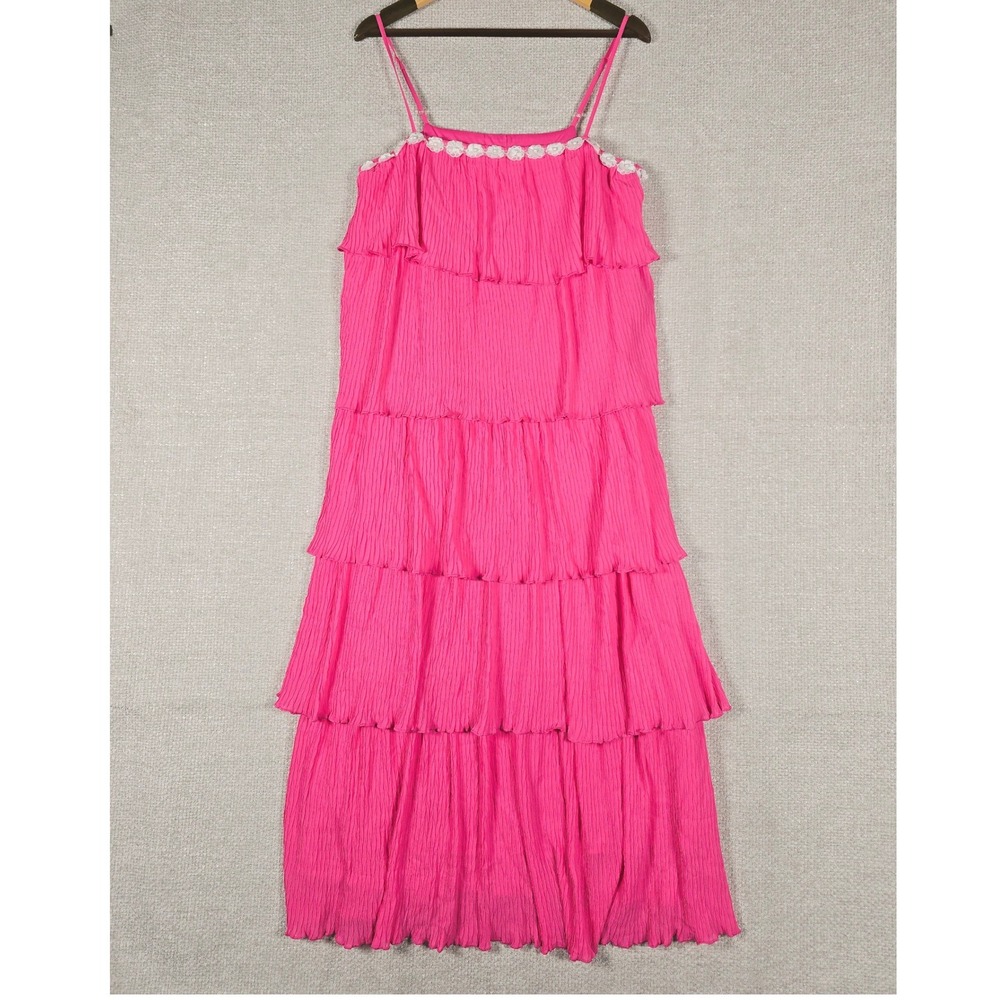 Listicle Womens Pink Tiered Maxi Dress Floral Pearl‎ Trim Pleated Ruffle Sz L